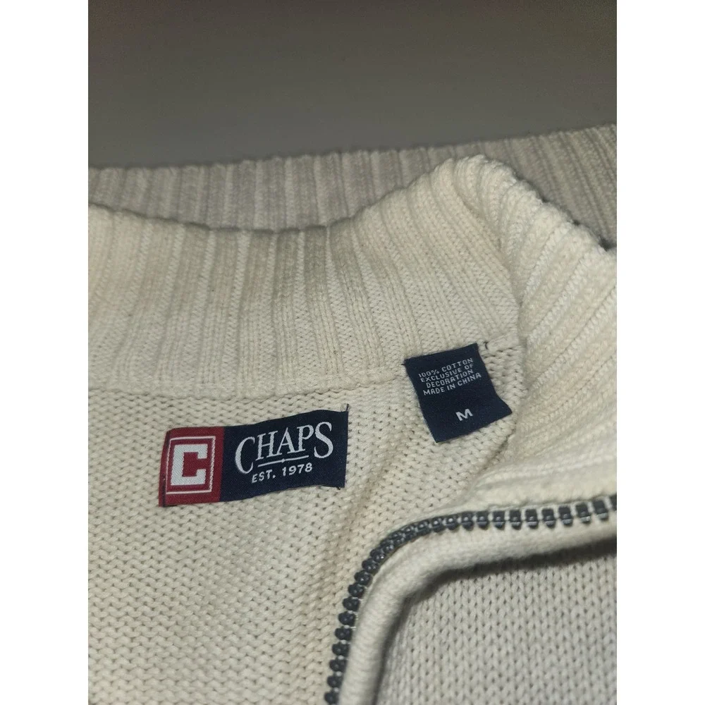 Chaps Mens Quarter Zip Sweater Cream Off White Cotton Shaker Knit Size M